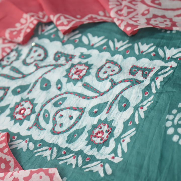 Rooprani Sage Castle Green French Knot in Batik Print Neck Work Chanderi Suit Set