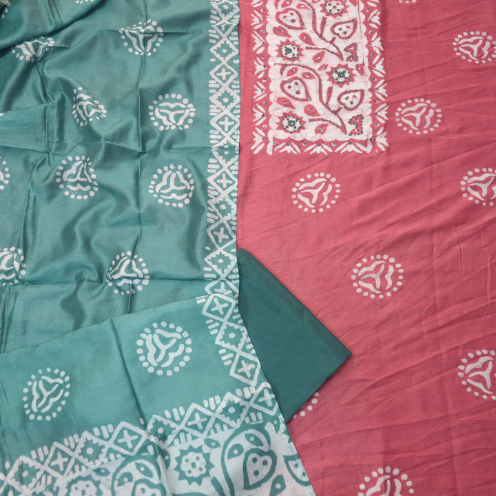Rooprani Mauve Pink French Knot in Batik Print Neck Work Chanderi Suit Set