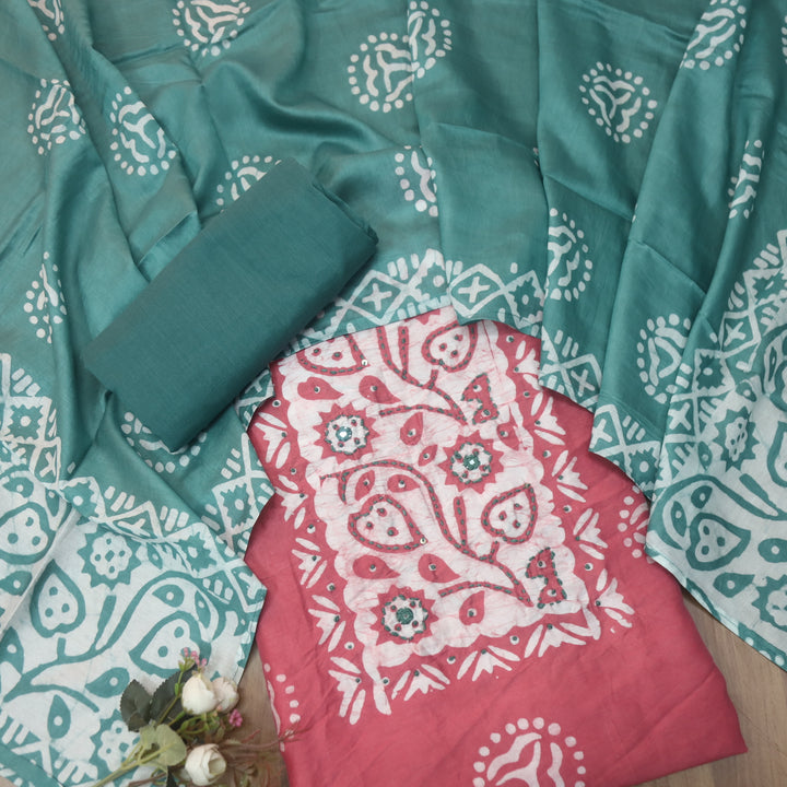 Rooprani Mauve Pink French Knot in Batik Print Neck Work Chanderi Suit Set