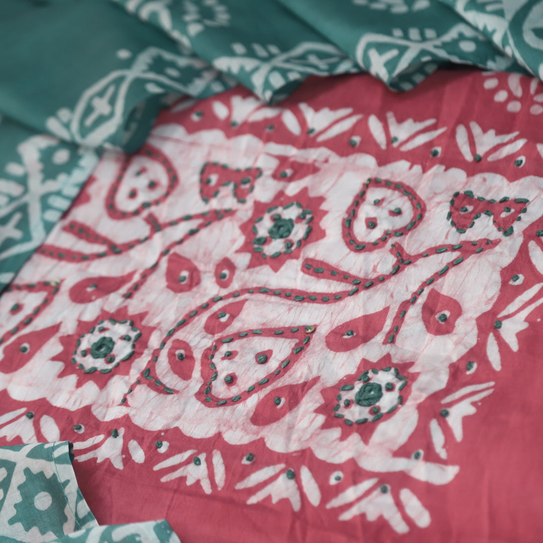 Rooprani Mauve Pink French Knot in Batik Print Neck Work Chanderi Suit Set