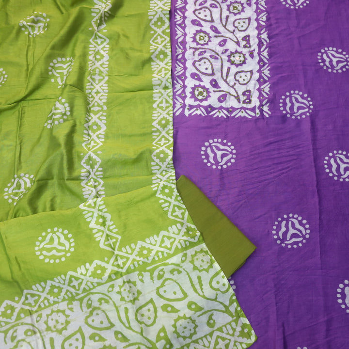 Rooprani Vibrant Purple French Knot in Batik Print Neck Work Chanderi Suit Set