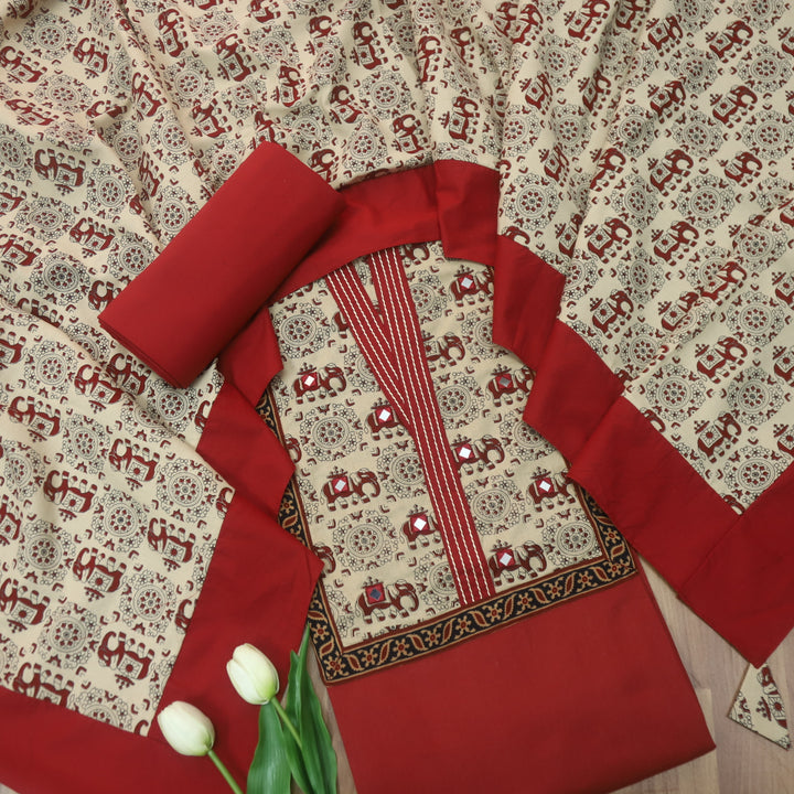 Dua Berry Red Gajj Printed Neck Yoke with Mirror Detailing Cotton Suit Set