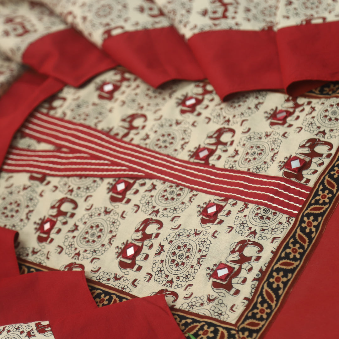 Dua Berry Red Gajj Printed Neck Yoke with Mirror Detailing Cotton Suit Set