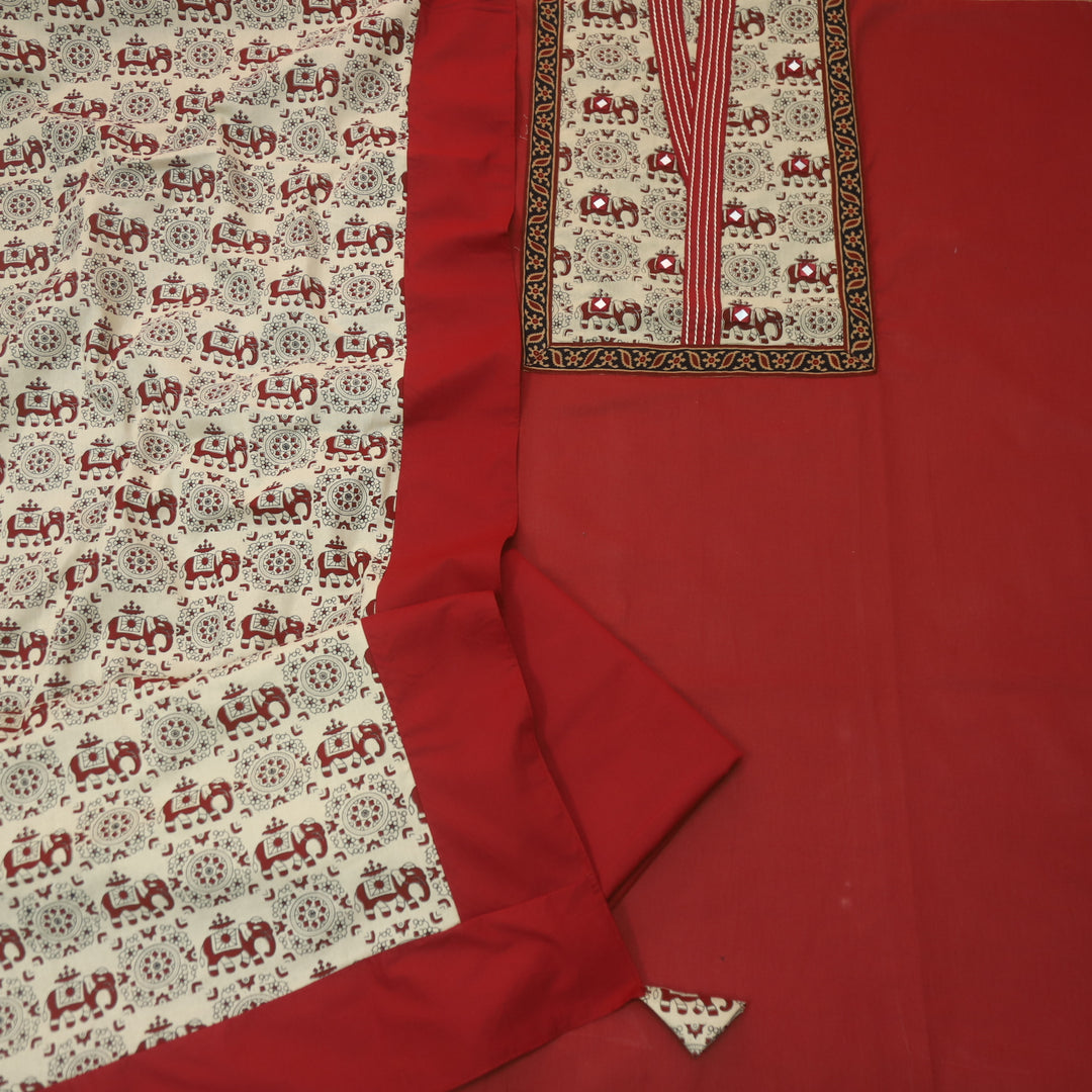 Dua Berry Red Gajj Printed Neck Yoke with Mirror Detailing Cotton Suit Set