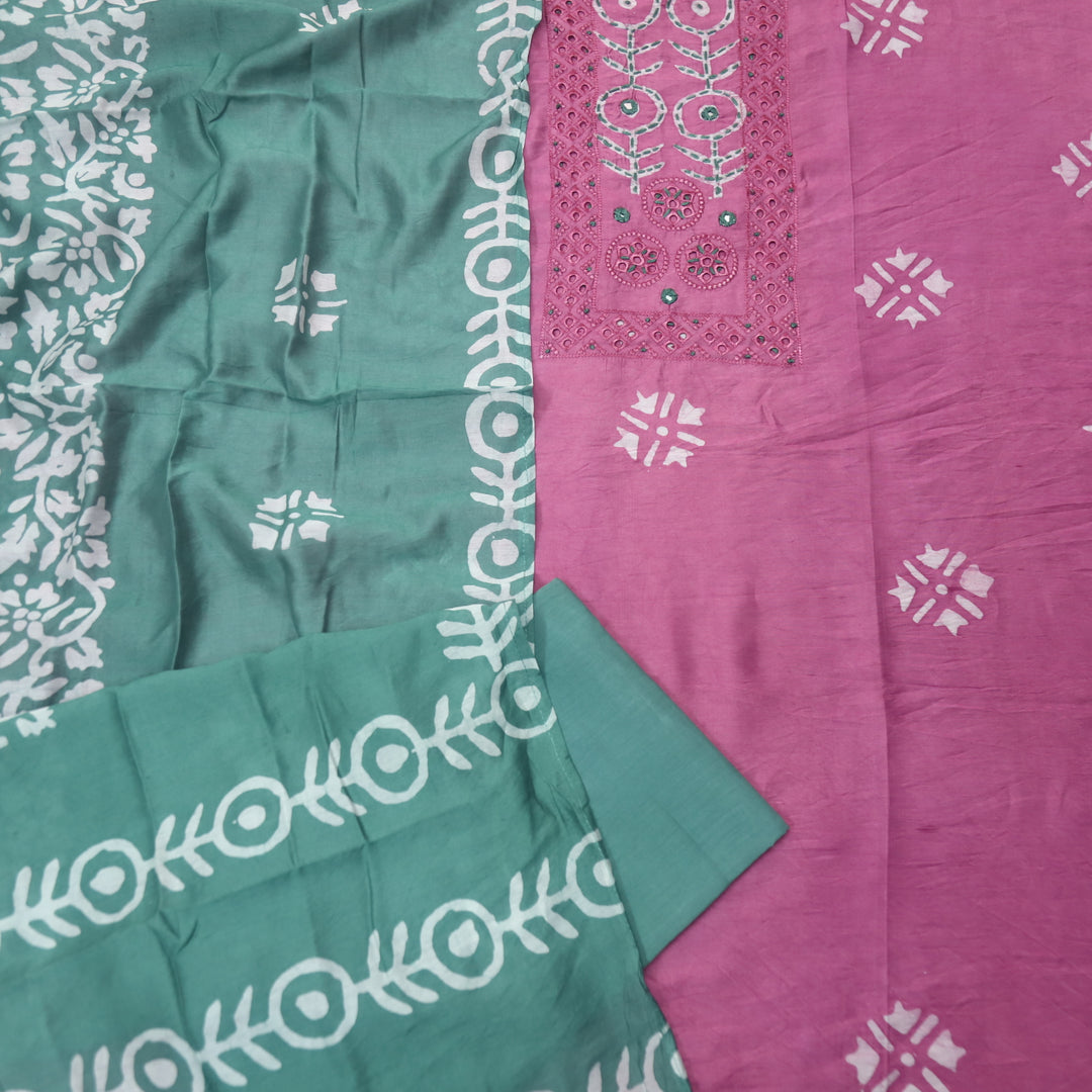 Rooprani Onion Purple French Knot in Batik Print Neck Chanderi Suit Set
