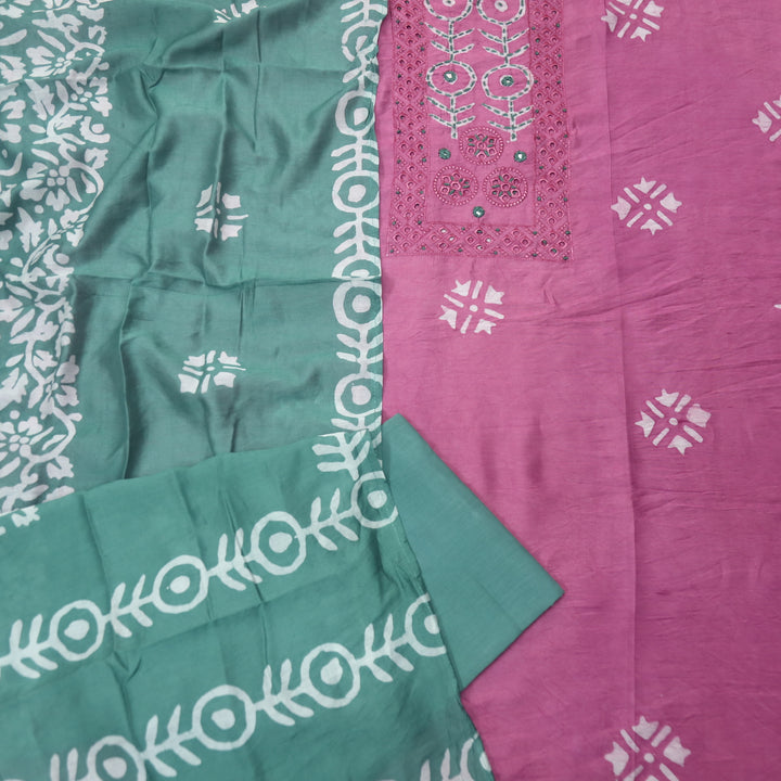Rooprani Onion Purple French Knot in Batik Print Neck Chanderi Suit Set