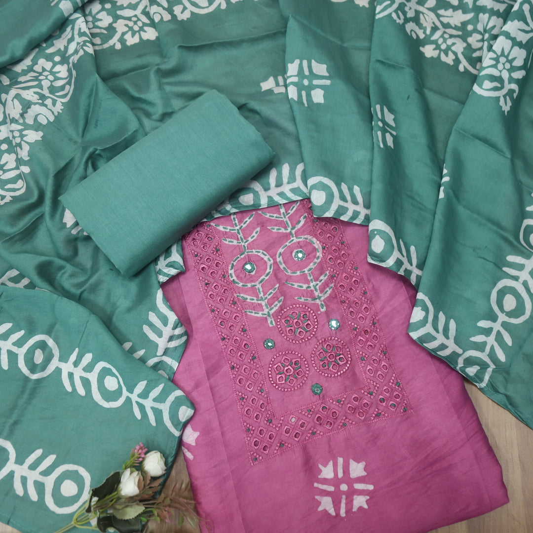 Rooprani Onion Purple French Knot in Batik Print Neck Chanderi Suit Set