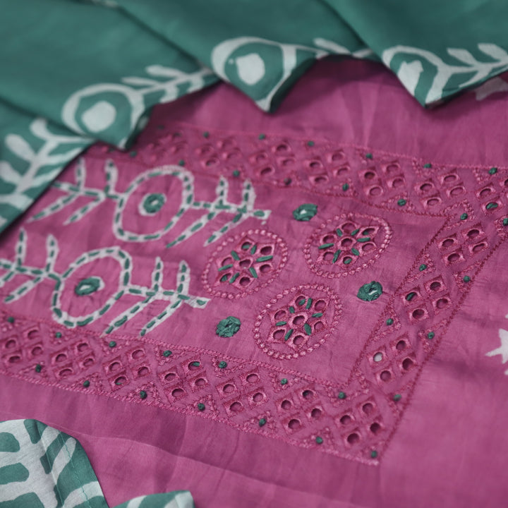 Rooprani Onion Purple French Knot in Batik Print Neck Chanderi Suit Set