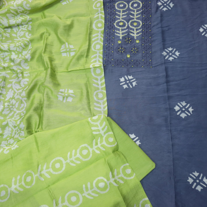 Rooprani Charcoal Berry Blue French Knot in Batik Print Neck Chanderi Suit Set