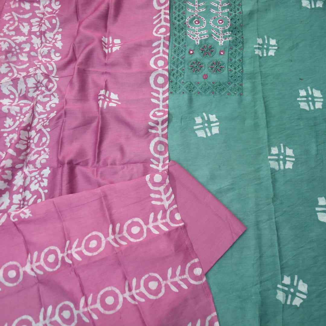 Rooprani Sage Castle Green French Knot in Batik Print Neck Chanderi Suit Set