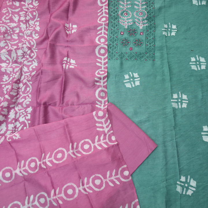 Rooprani Sage Castle Green French Knot in Batik Print Neck Chanderi Suit Set