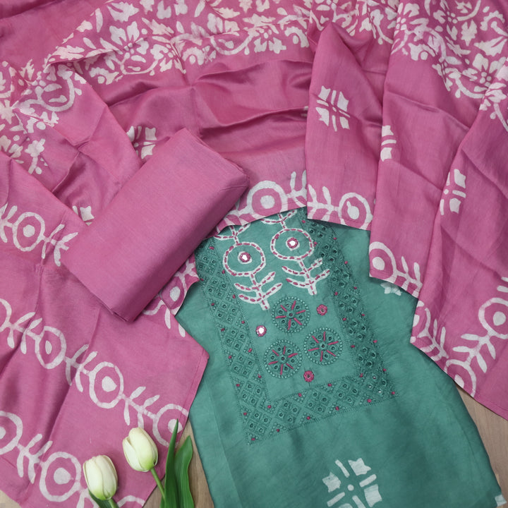 Rooprani Sage Castle Green French Knot in Batik Print Neck Chanderi Suit Set