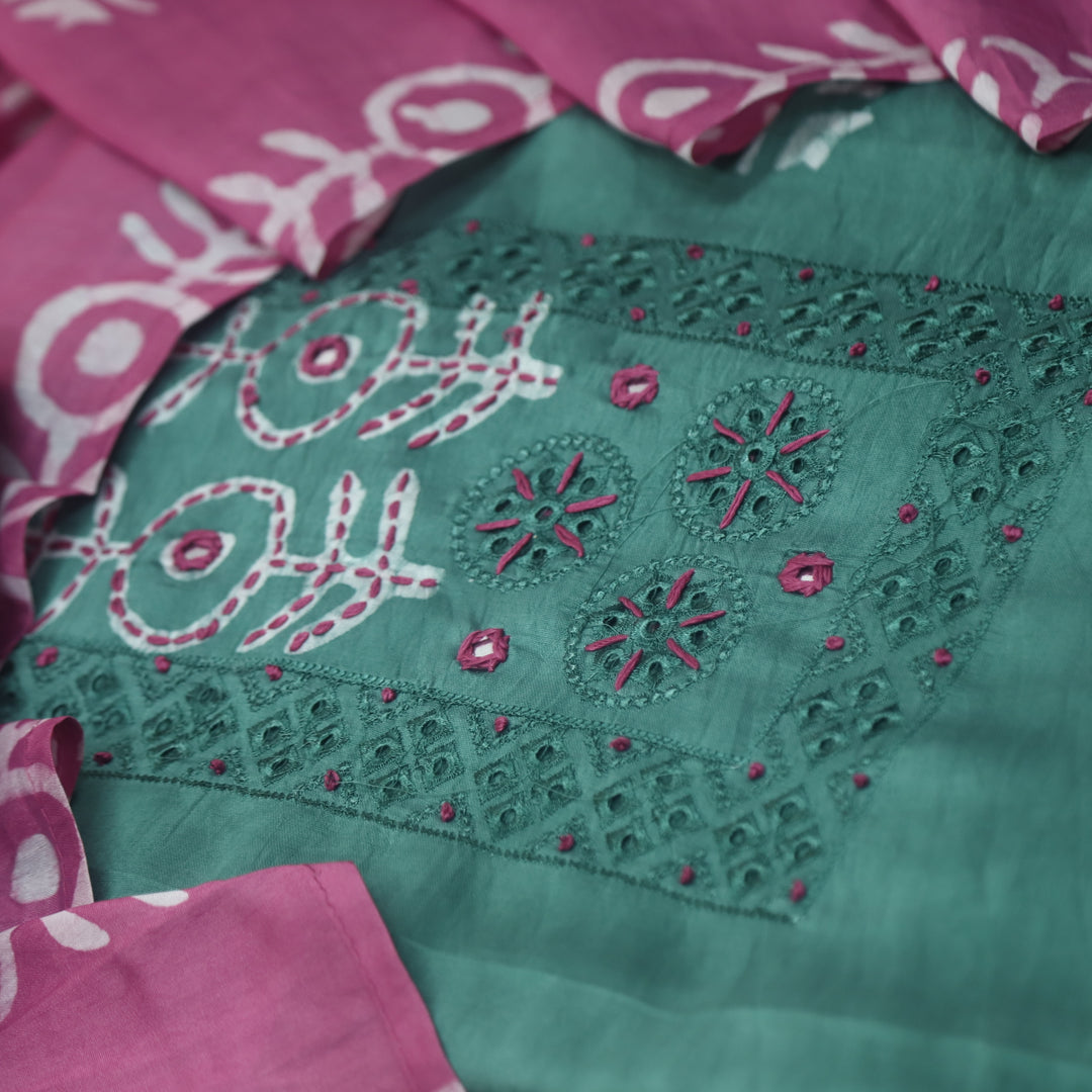 Rooprani Sage Castle Green French Knot in Batik Print Neck Chanderi Suit Set