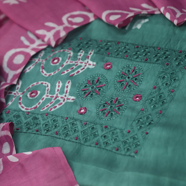 Rooprani Sage Castle Green French Knot in Batik Print Neck Chanderi Suit Set
