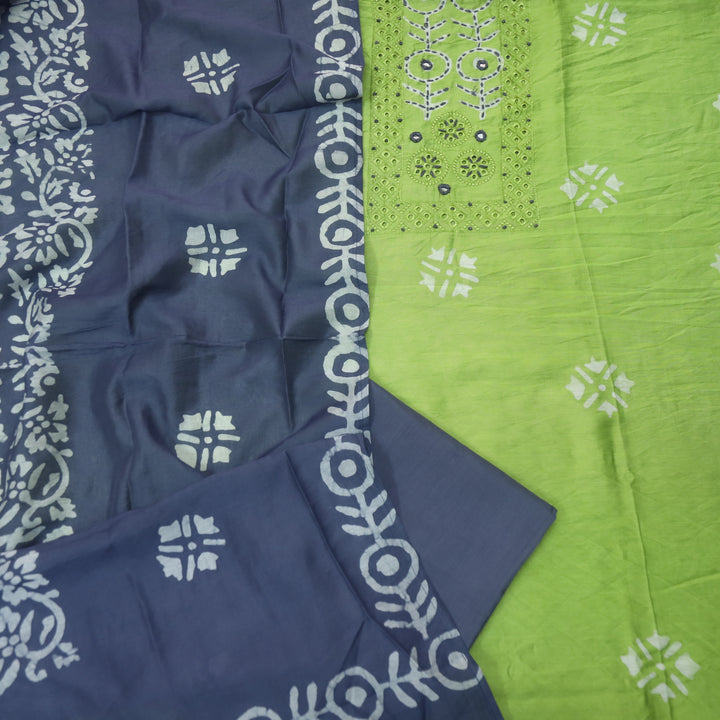 Rooprani Lemon Mint Green French Knot in Batik Print Neck Chanderi Suit Set