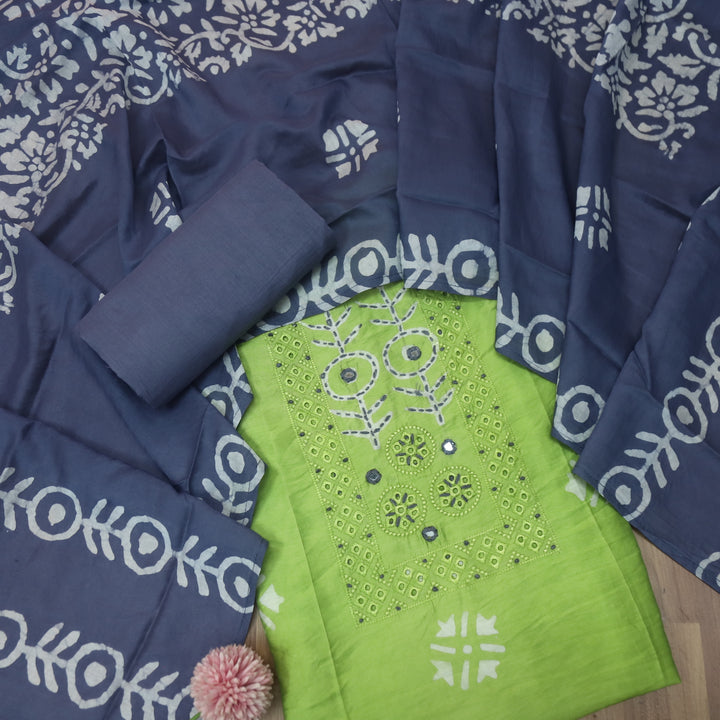 Rooprani Lemon Mint Green French Knot in Batik Print Neck Chanderi Suit Set