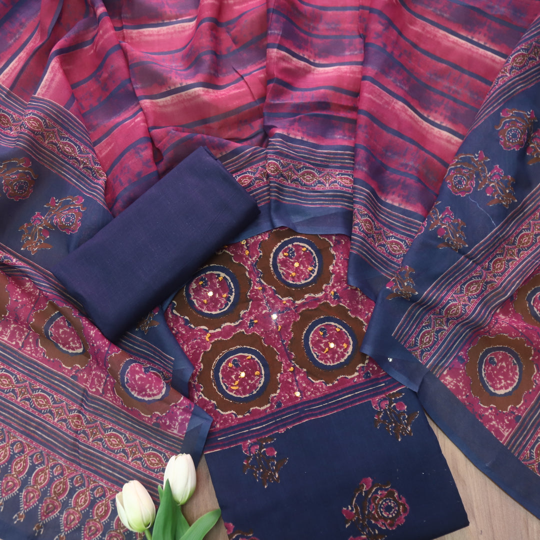 Vaani Galaxy Blue with Digital Printed with French Knot Detailing Cotton Suit Set