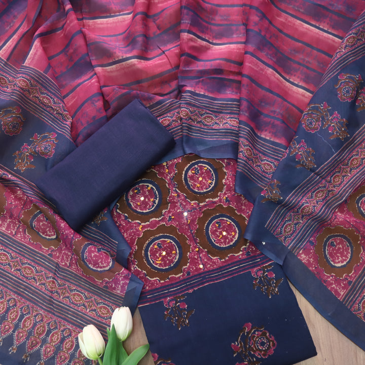Vaani Galaxy Blue with Digital Printed with French Knot Detailing Cotton Suit Set