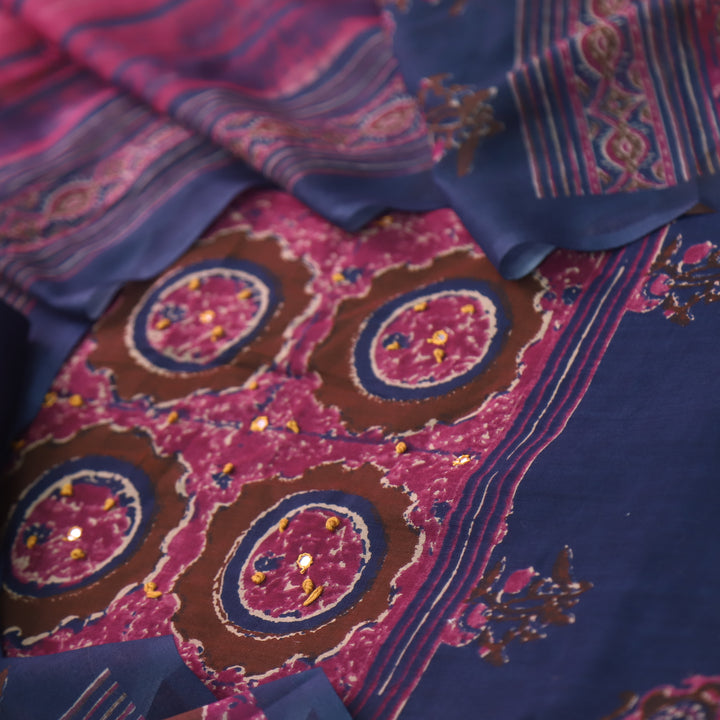 Vaani Galaxy Blue with Digital Printed with French Knot Detailing Cotton Suit Set