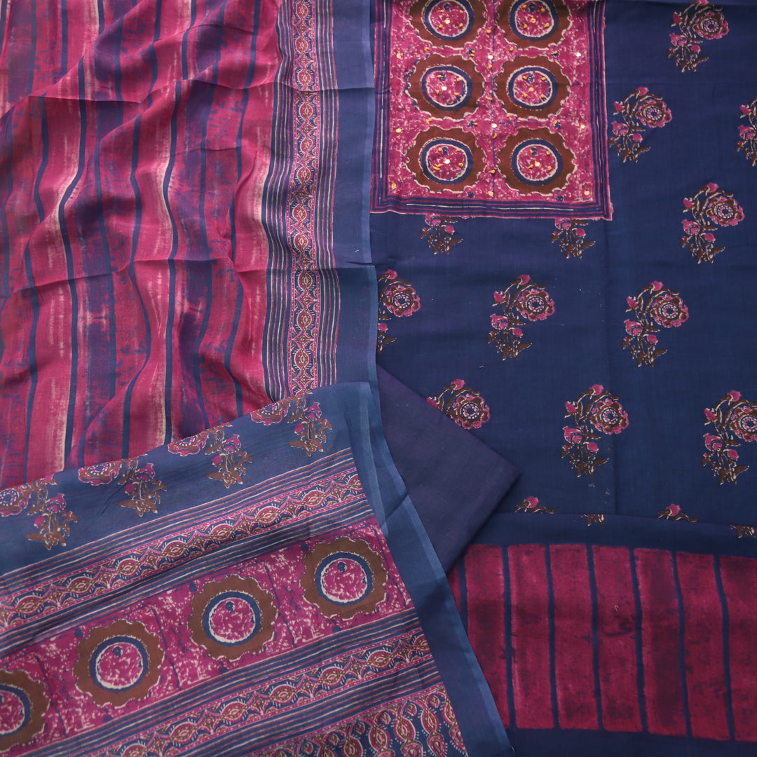 Vaani Galaxy Blue with Digital Printed with French Knot Detailing Cotton Suit Set