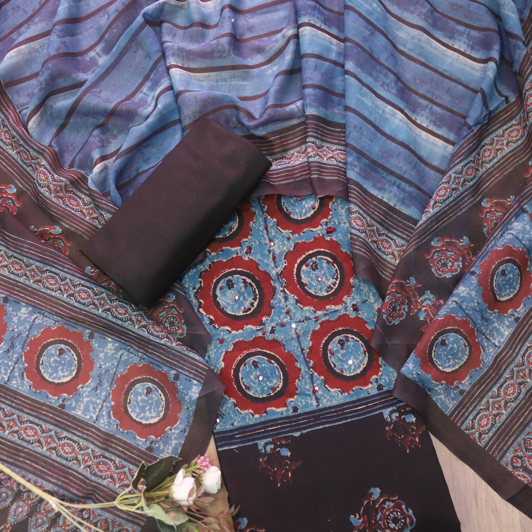 Vaani Ebony Black with Digital Printed with French Knot Detailing Cotton Suit Set