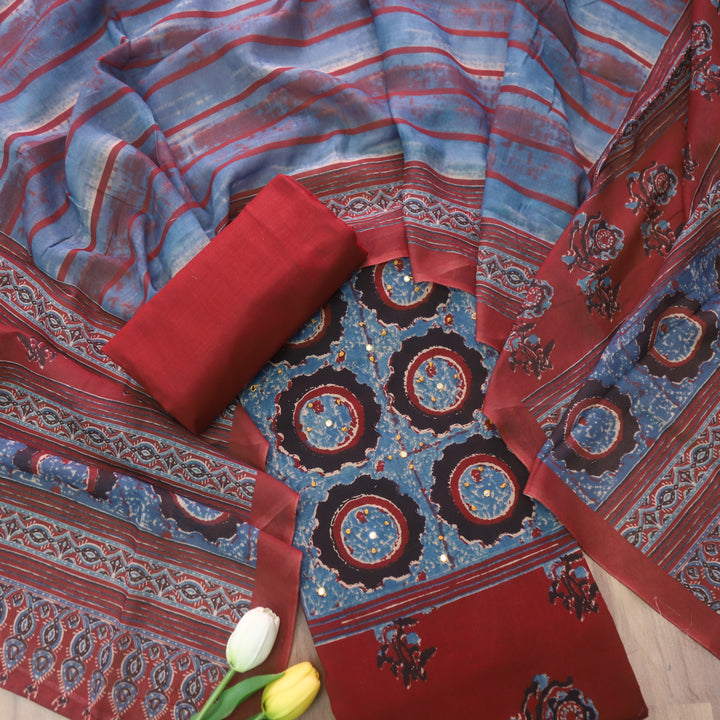 Vaani Berry Red with Digital Printed with French Knot Detailing Cotton Suit Set