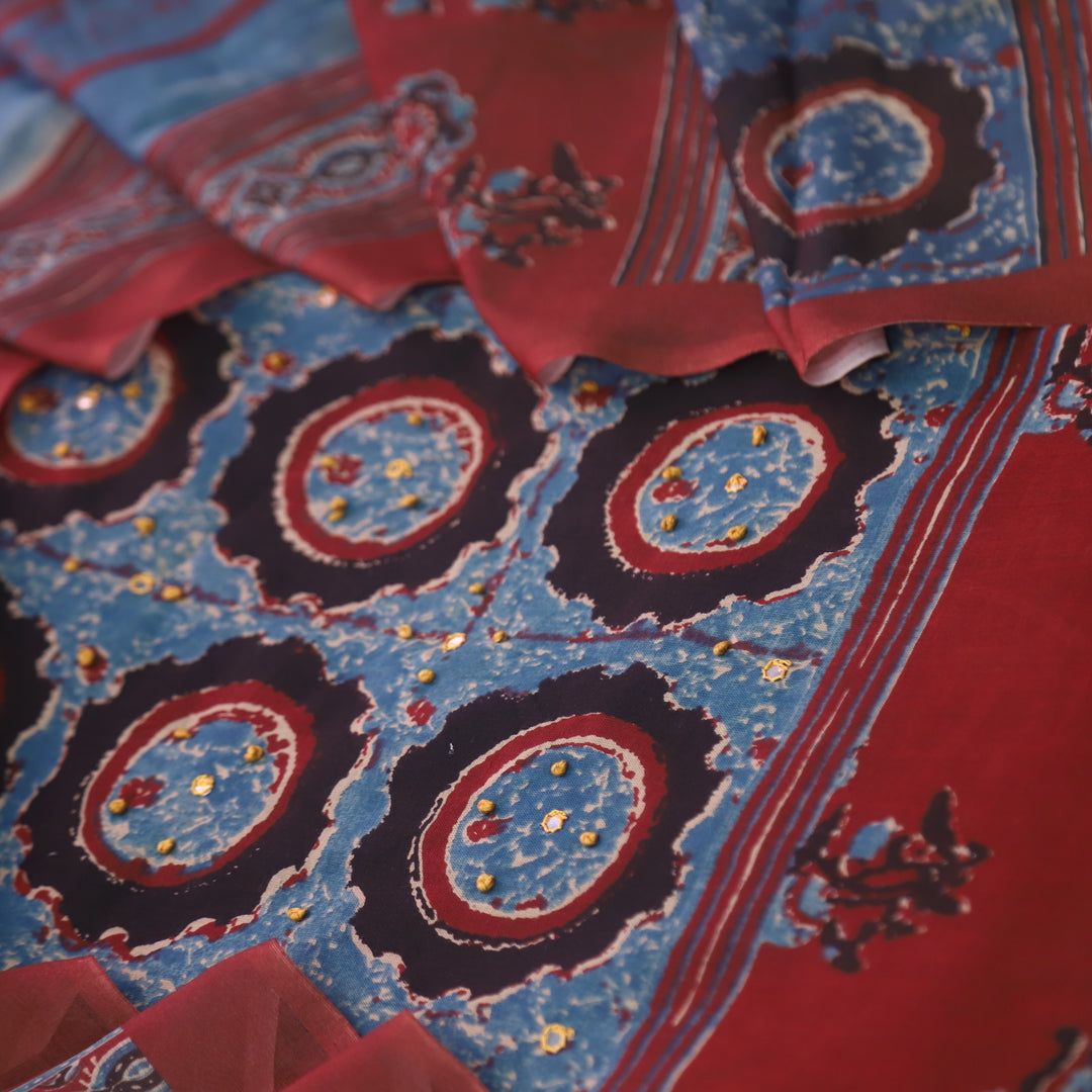 Vaani Berry Red with Digital Printed with French Knot Detailing Cotton Suit Set