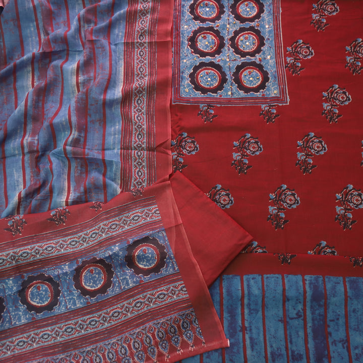 Vaani Berry Red with Digital Printed with French Knot Detailing Cotton Suit Set