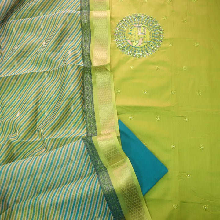 Rooprani Lemon Green Gajj Embroidered with Floral Thread Buti Glazed Cotton Set