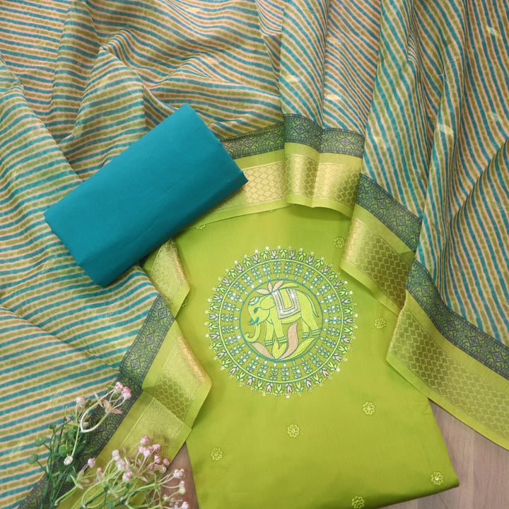 Rooprani Lemon Green Gajj Embroidered with Floral Thread Buti Glazed Cotton Set
