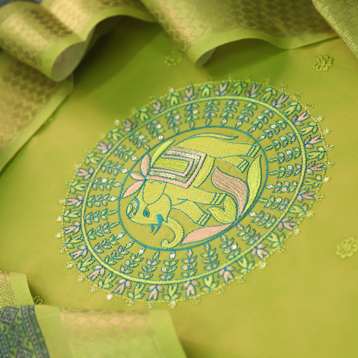 Rooprani Lemon Green Gajj Embroidered with Floral Thread Buti Glazed Cotton Set