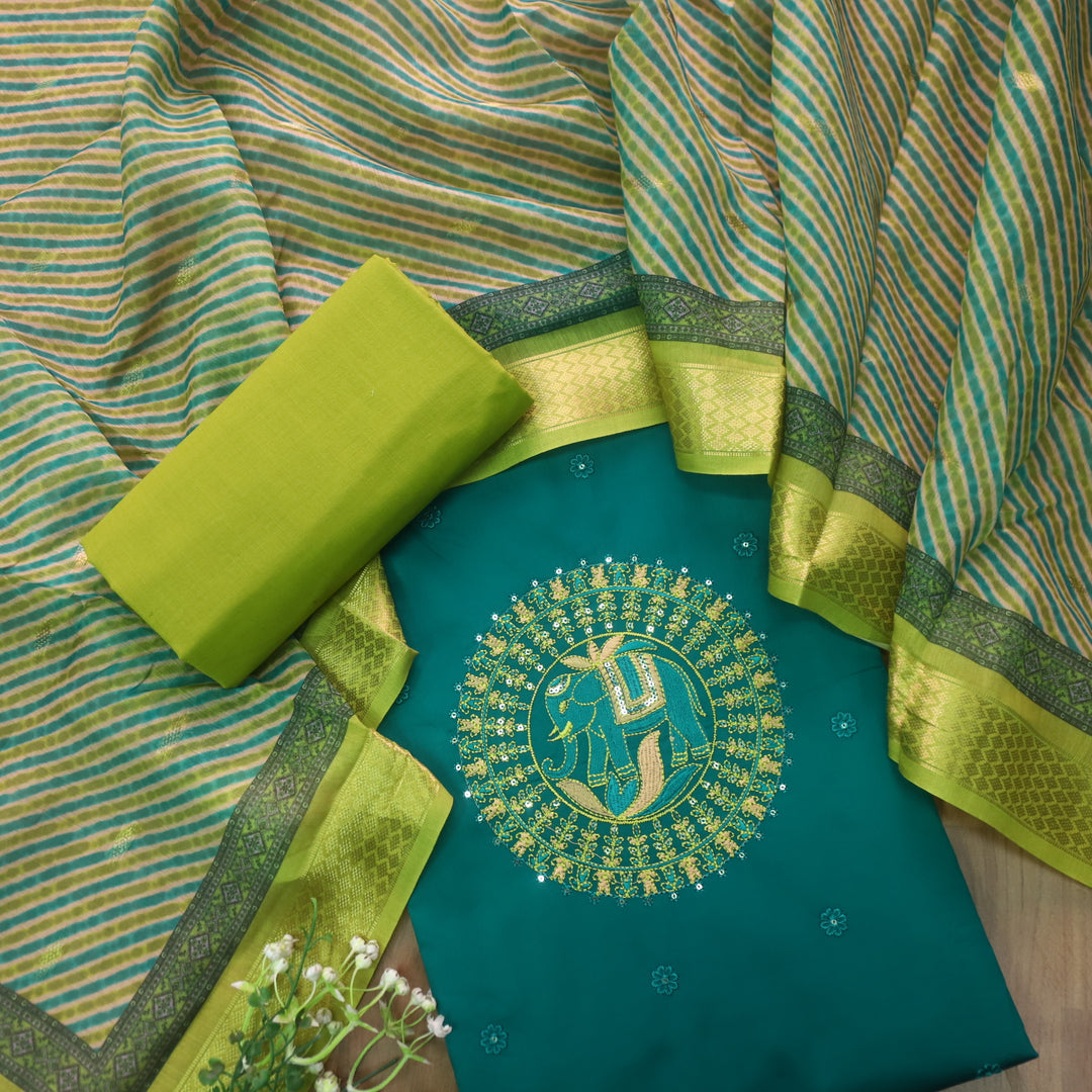 Rooprani Cerulean Teal Gajj Embroidered with Floral Thread Buti Glazed Cotton Set