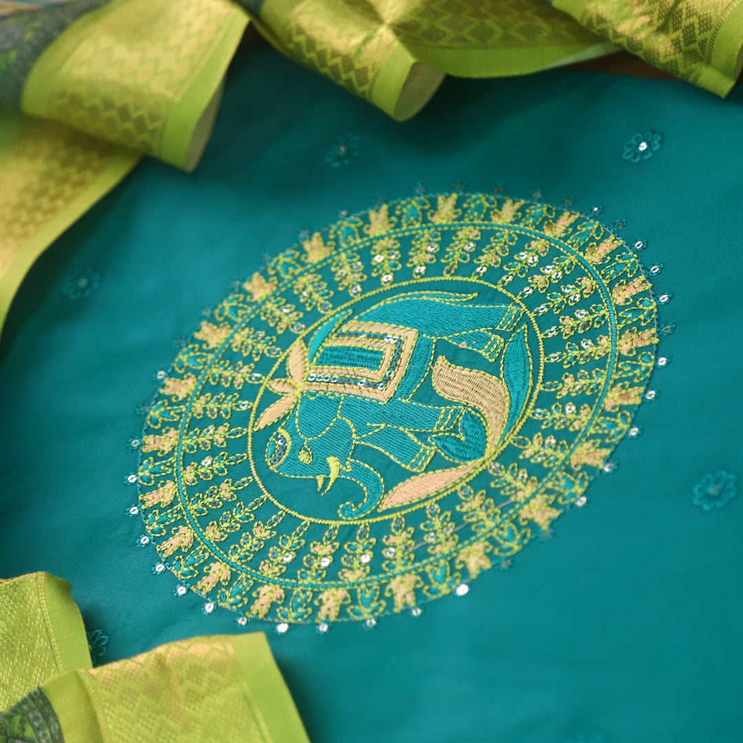 Rooprani Cerulean Teal Gajj Embroidered with Floral Thread Buti Glazed Cotton Set