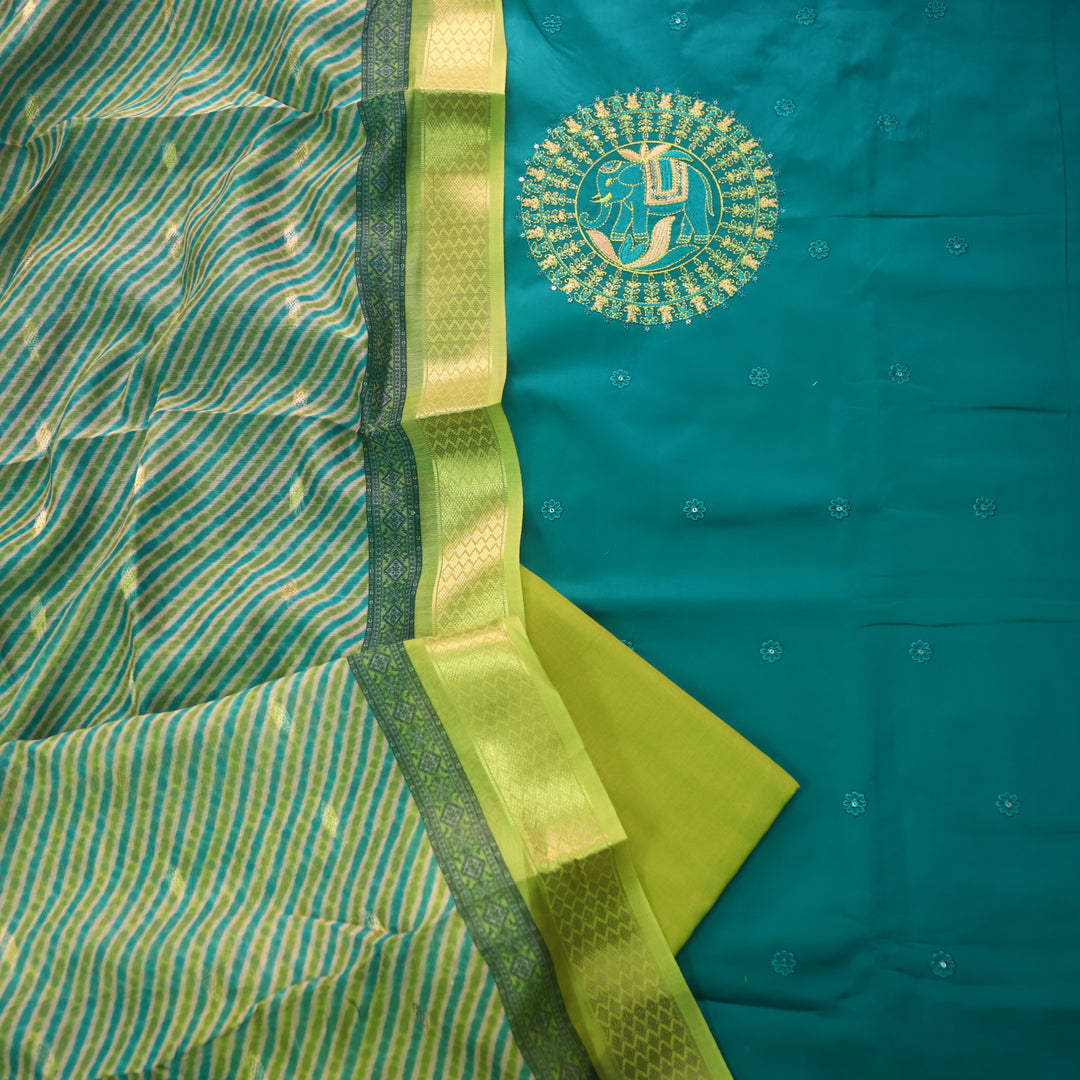 Rooprani Cerulean Teal Gajj Embroidered with Floral Thread Buti Glazed Cotton Set