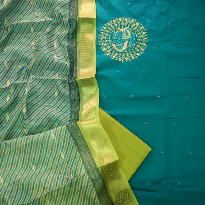 Rooprani Cerulean Teal Gajj Embroidered with Floral Thread Buti Glazed Cotton Set