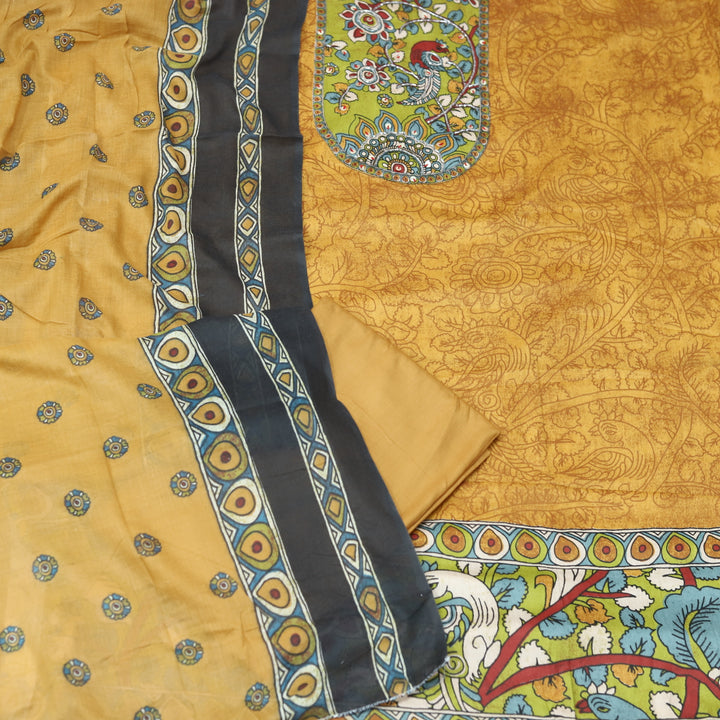 Rooprani Tangerine Rust Kalamkari Yoke Print with Kardana Work Jam Cotton Set