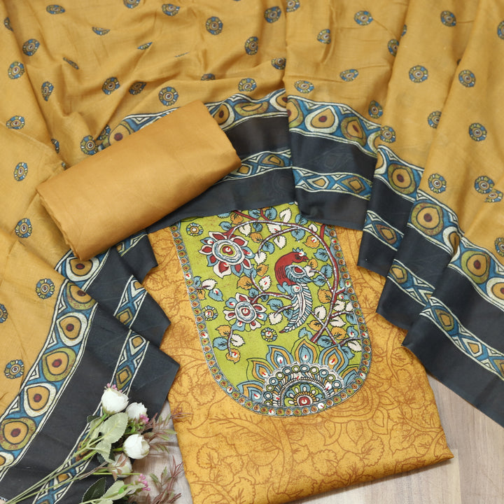 Rooprani Tangerine Rust Kalamkari Yoke Print with Kardana Work Jam Cotton Set
