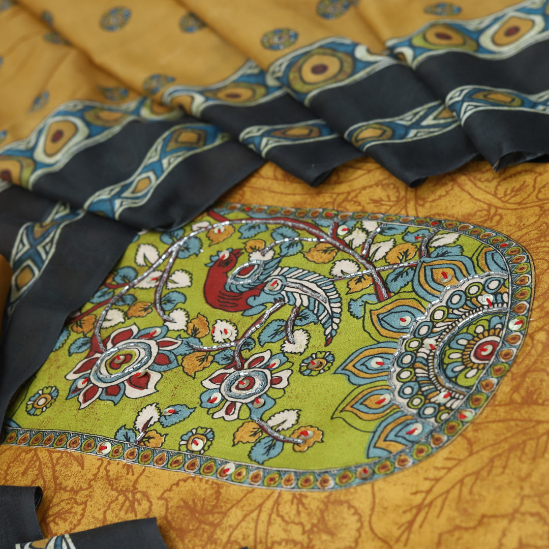 Rooprani Tangerine Rust Kalamkari Yoke Print with Kardana Work Jam Cotton Set