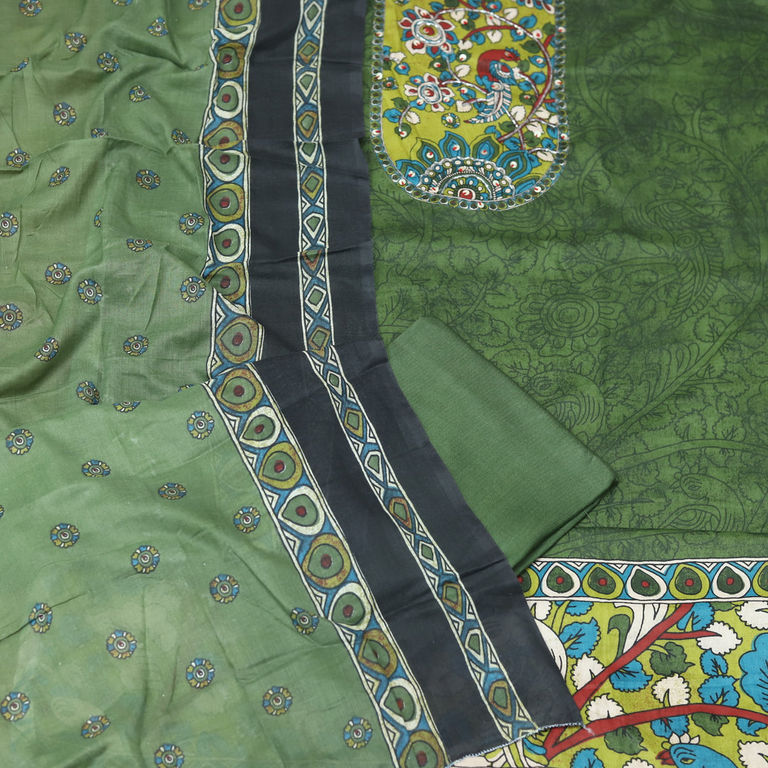 Rooprani Kiwi Sage Green Kalamkari Yoke Print with Kardana Work Jam Cotton Set