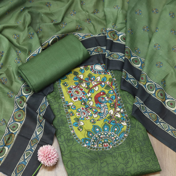 Rooprani Kiwi Sage Green Kalamkari Yoke Print with Kardana Work Jam Cotton Set