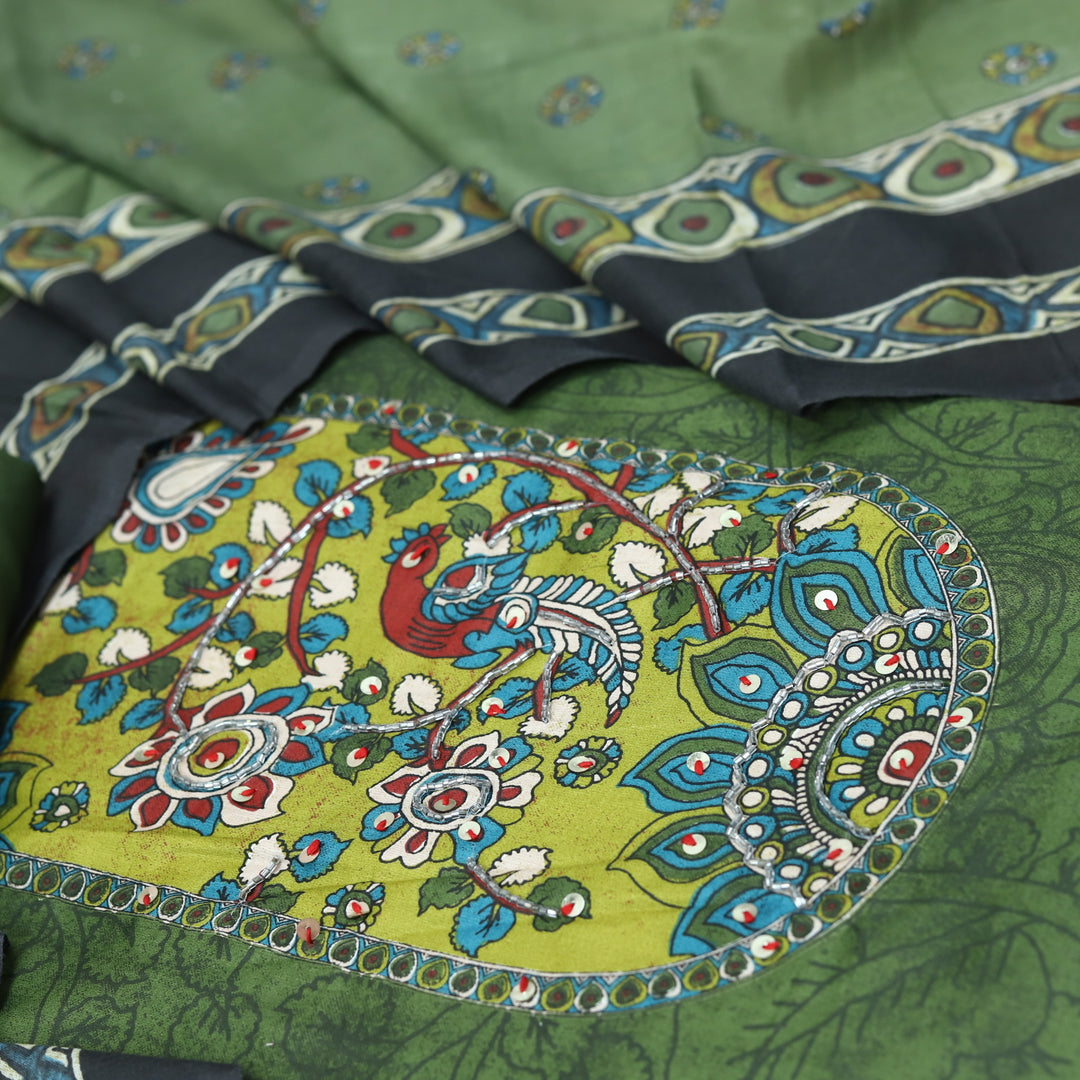 Rooprani Kiwi Sage Green Kalamkari Yoke Print with Kardana Work Jam Cotton Set