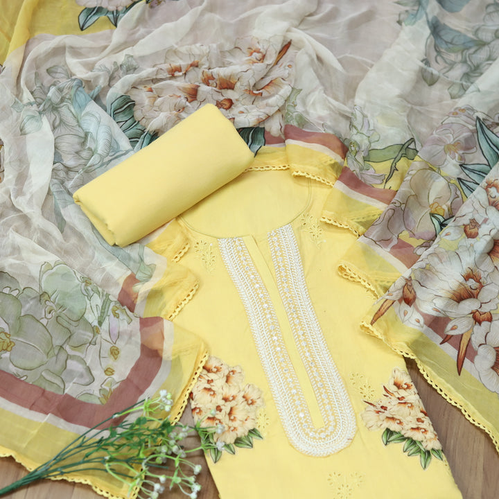 Rasiya Butter Yellow Floral Applique Work with Lace Neck Work In Cotton Schiffli Set