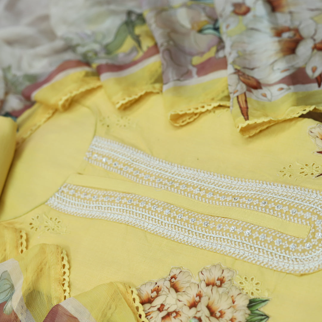 Rasiya Butter Yellow Floral Applique Work with Lace Neck Work In Cotton Schiffli Set
