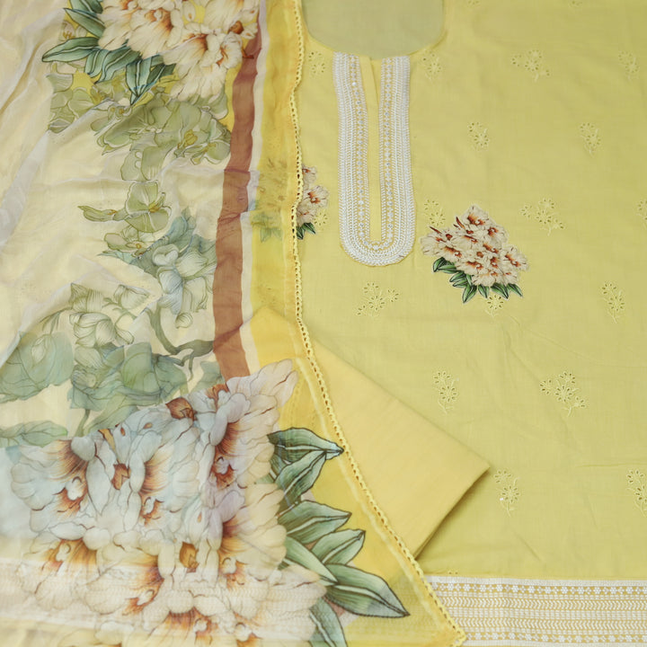 Rasiya Butter Yellow Floral Applique Work with Lace Neck Work In Cotton Schiffli Set