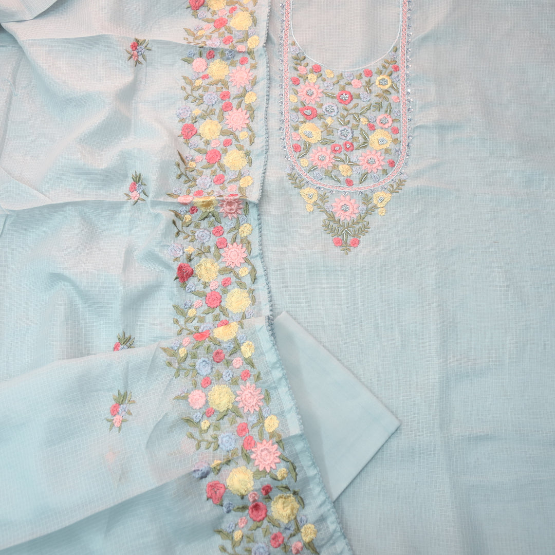Alfaaz Powder Blue Embroidered Yoke with Kardana and Moti Work Kota Doriya Set