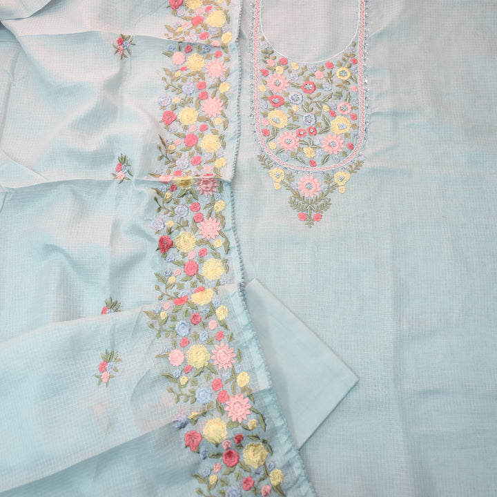 Alfaaz Powder Blue Embroidered Yoke with Kardana and Moti Work Kota Doriya Set