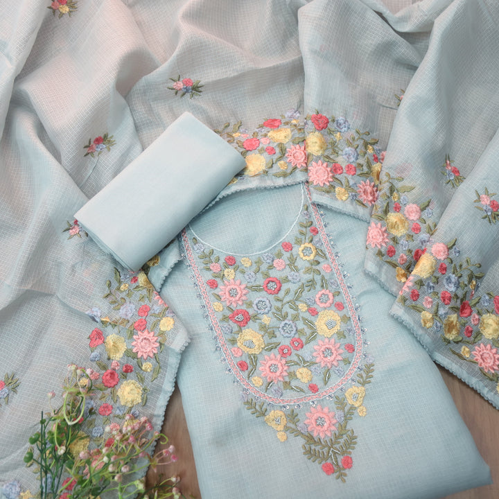 Alfaaz Powder Blue Embroidered Yoke with Kardana and Moti Work Kota Doriya Set