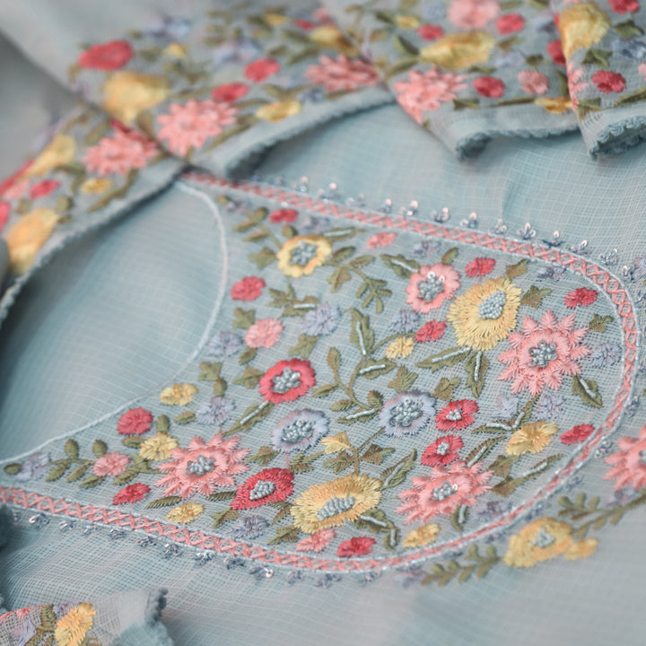 Alfaaz Powder Blue Embroidered Yoke with Kardana and Moti Work Kota Doriya Set
