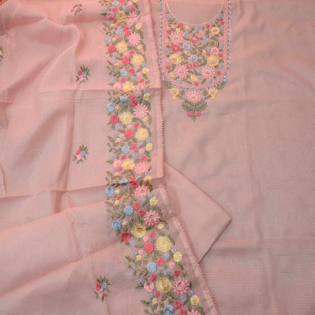 Alfaaz Salmon Peach Embroidered Yoke with Kardana and Moti Work Kota Doriya Set