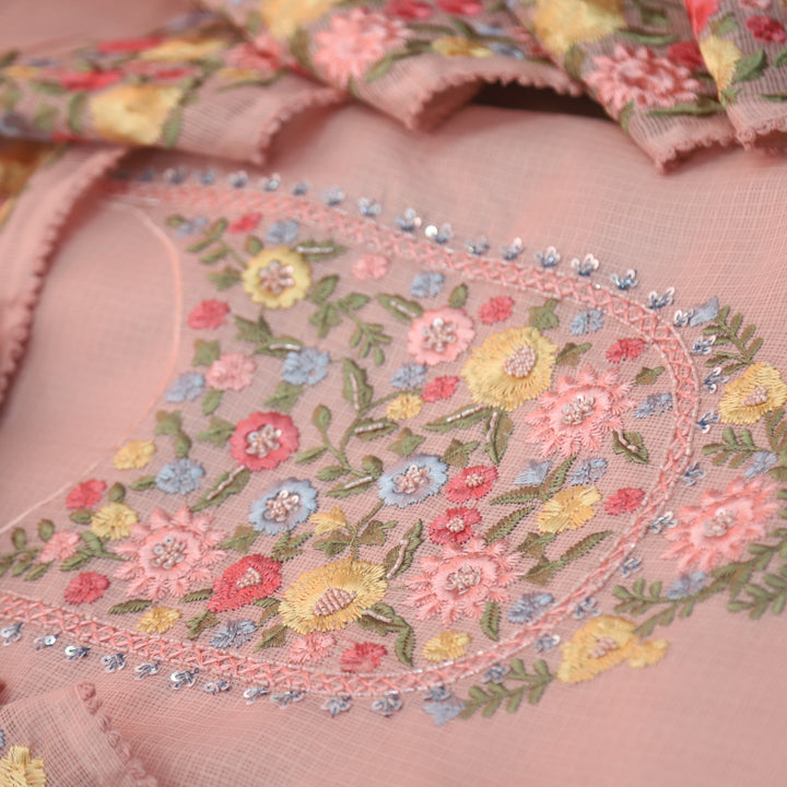 Alfaaz Salmon Peach Embroidered Yoke with Kardana and Moti Work Kota Doriya Set